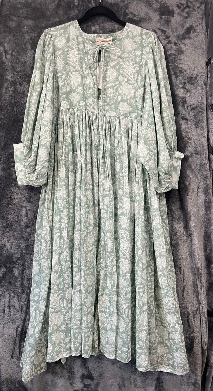 Daughters of India Kyra Midi Dress Sage Green Floral Block Print Cotton XL NWT
